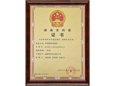 湖南專利二等獎(jiǎng)證書（單相鍵盤電能表）